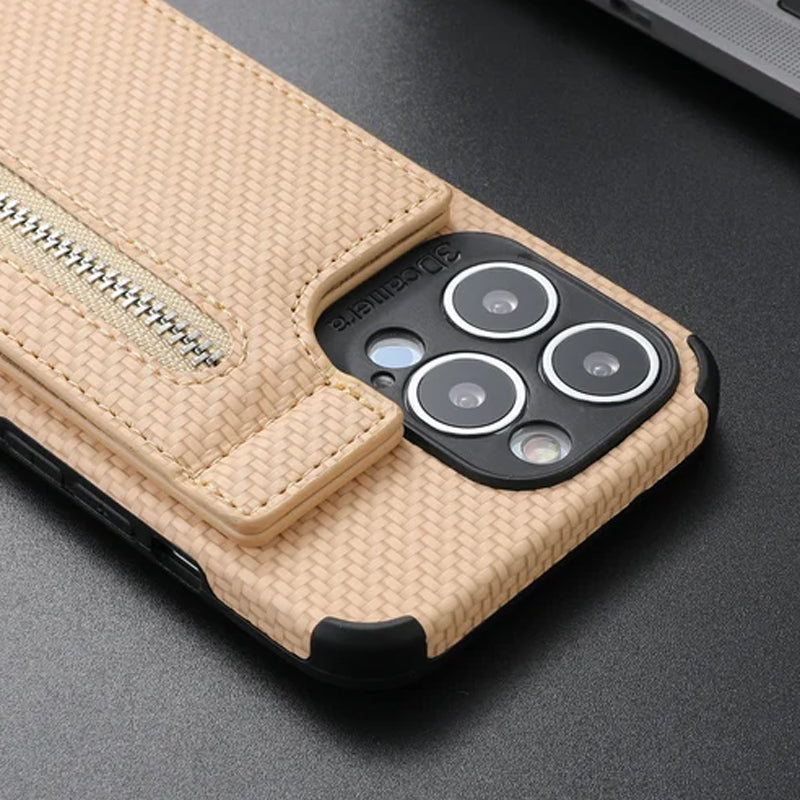 iPhone-lommebokdeksel med kredittkortholder og glidelås, elegant design i sort.