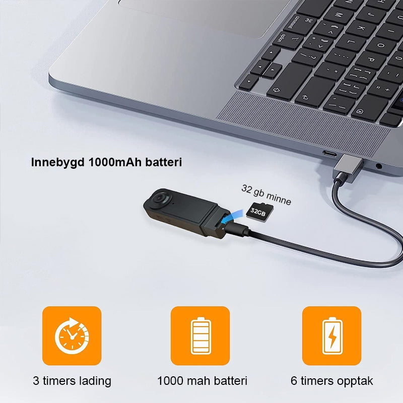 Kraftig spionkamera Full HD med roterende objektiv; perfekt for skjult videoopptak og overvåking.