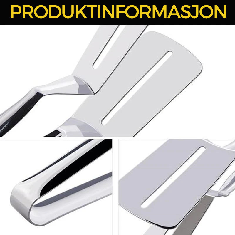 Ergonomisk dobbeltsidig klype/stekespade i rustfritt stål for effektiv matlaging.