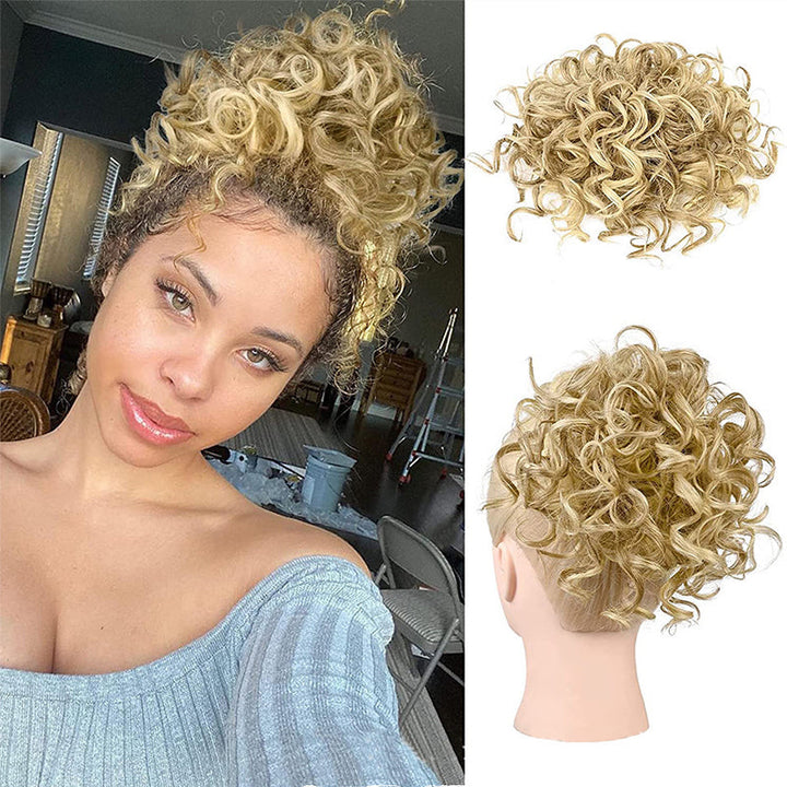 Elegant updo med syntetisk krøllete bolle og snøring for et naturlig utseende.