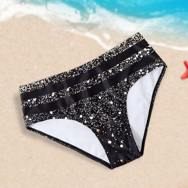 Polstret kvinner bikini med høy midje og elegant skinnende trykk. Trendy badetøy for en stilfull sommerlook.