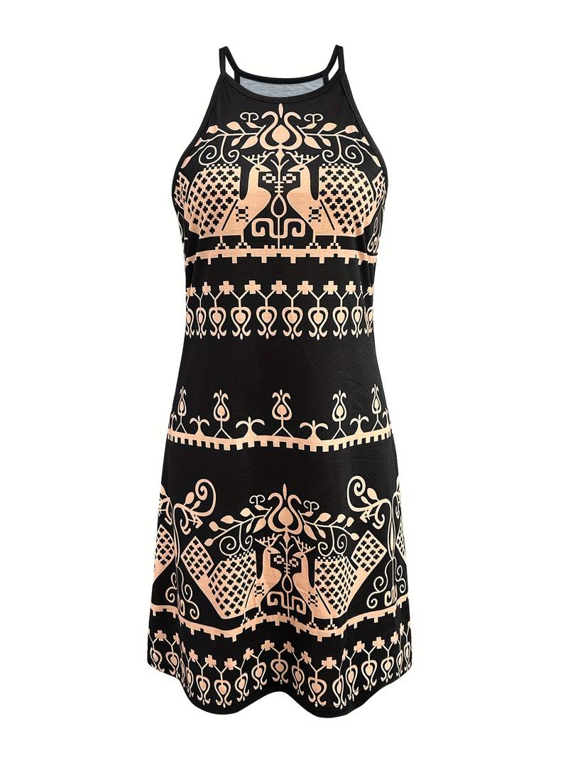Elegant abstrakt halterneck kjole for kvinner med unikt flerfarget trykk, perfekt for sommer og fest.