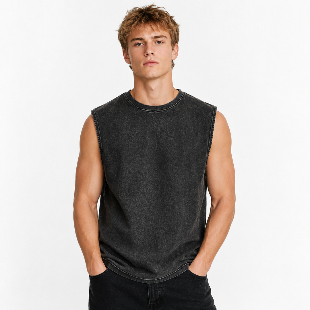Casual herre sommer tank top, vasket look. Løs passform, ermeløs fritidstopp.