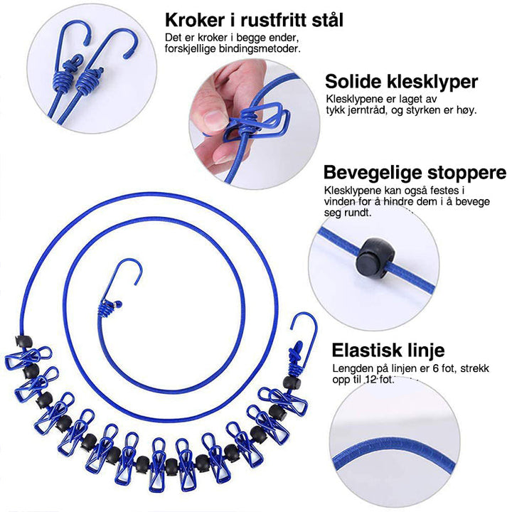 Elastisk klessnor for innendørs og utendørs bruk. Robust design for tørking av klær.