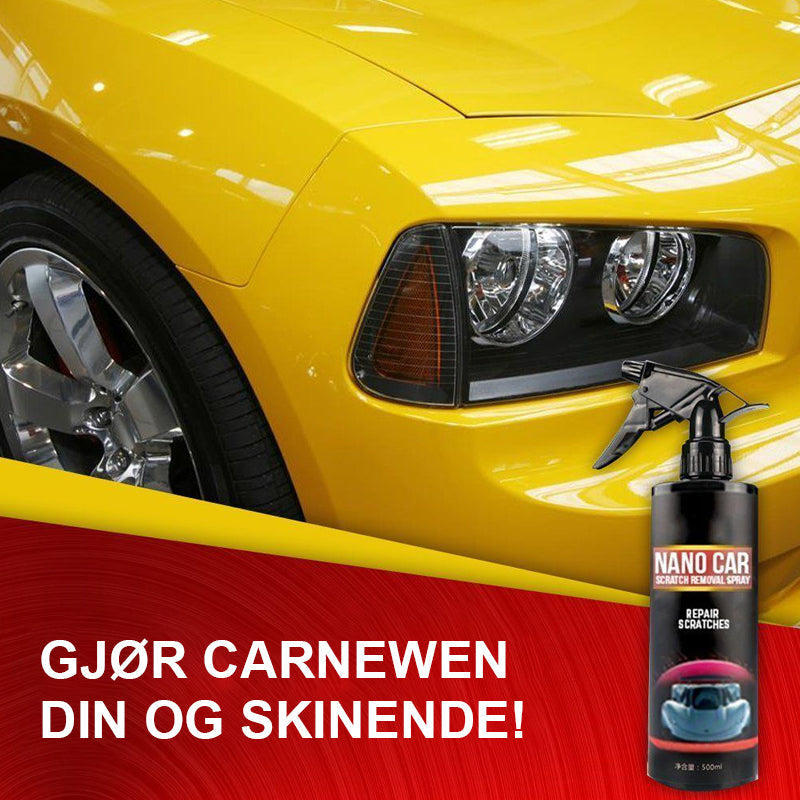 Flaske med Bil Ripefjerner Nano Spray og mikrofiberklut. Rask og enkel løsning for skinnende bilpleie.