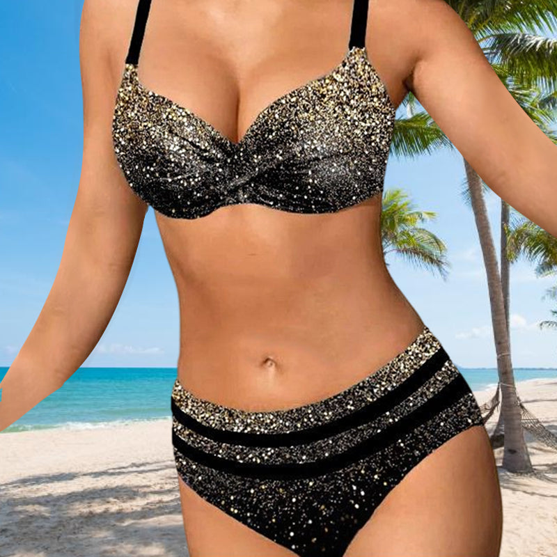 Mønstret kvinner bikini med glansfullt trykk, høy midje. Chic badetøy for strand og basseng, gir selvtillit.
