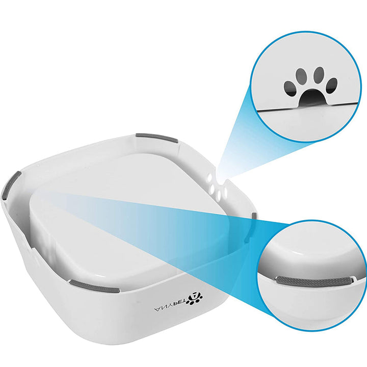 Kjæledyr vannskål som garanterer tørre gulv. Sølesikker og sprutfritt design for hund og katt.