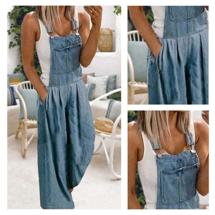 Motebevisst dongeri selebukse for kvinner. Løs passform, brede ben og praktiske lommer. Trendy casual look.