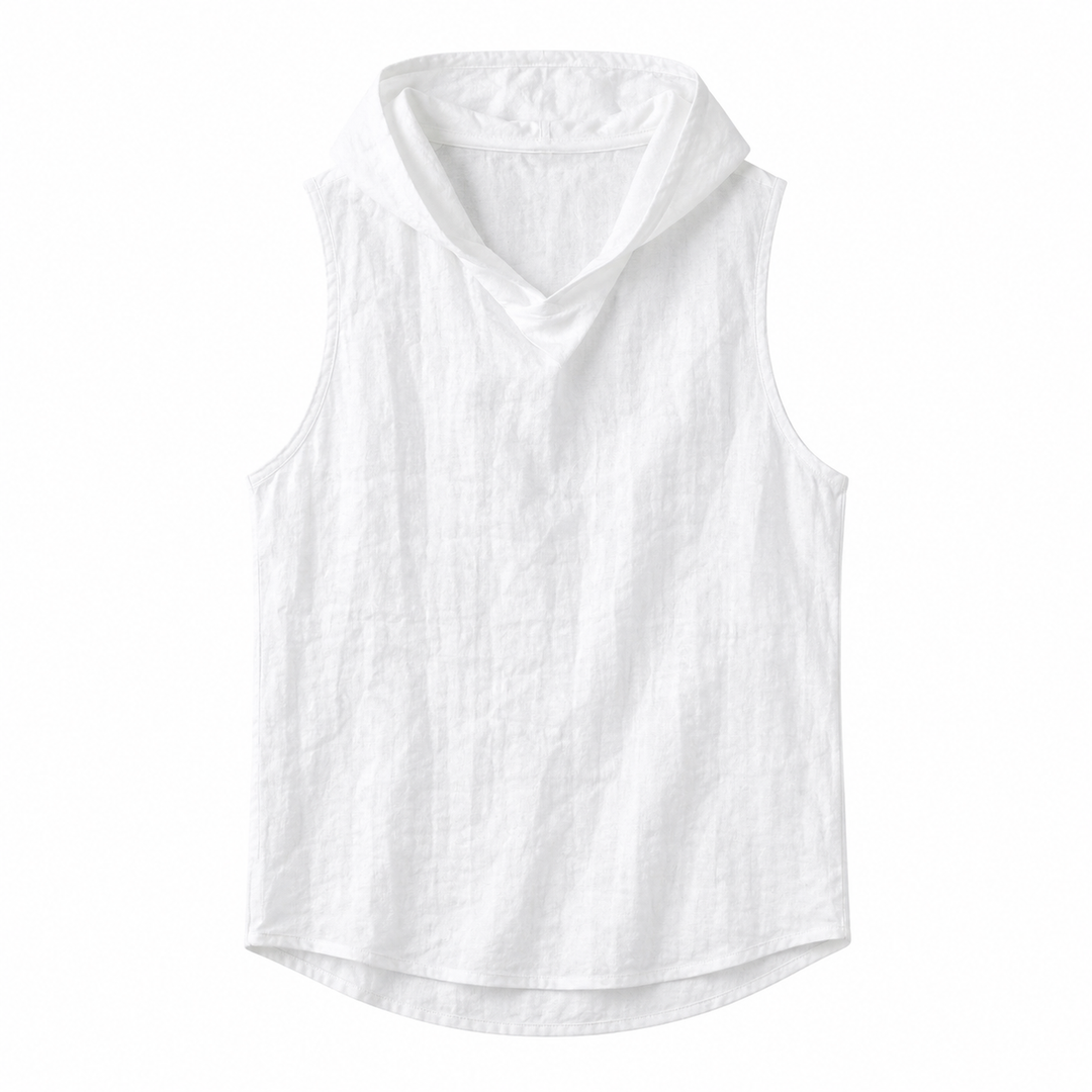 Hvit ermeløs herre vest i retro stil, løs passform. Perfekt casual sommertopp for menn.