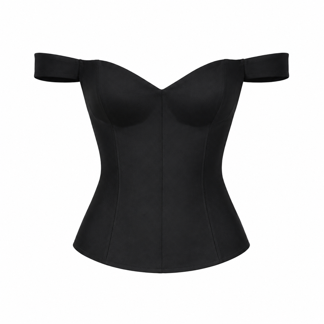 Svart elegant korsettopp for dame med slim fit og stilig glidelås, ideell som festtopp.