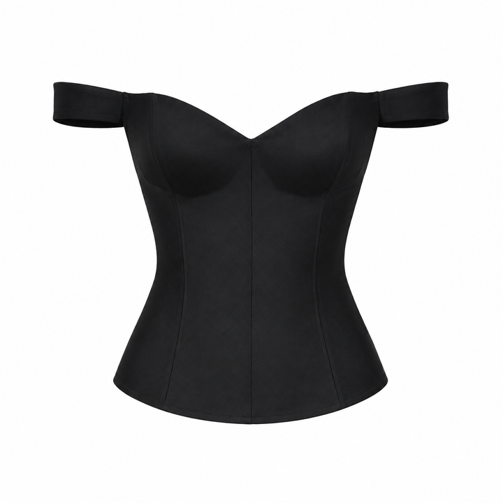 Svart elegant korsettopp for dame med slim fit og stilig glidelås, ideell som festtopp.