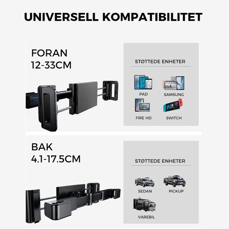 Reisevennlig bilfeste for nettbrett. Universell holder til nakkestøtte, perfekt for barns underholdning.