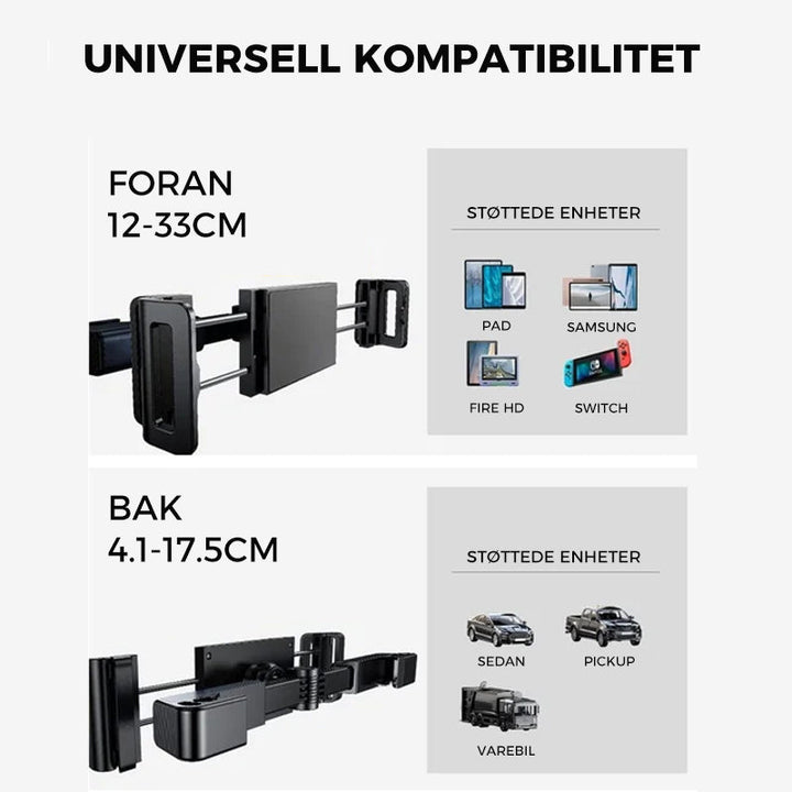 Reisevennlig bilfeste for nettbrett. Universell holder til nakkestøtte, perfekt for barns underholdning.