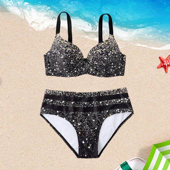 Moderne kvinner bikini med skinnende trykk og høy midje. Stilfullt og behagelig badetøy for sommer og ferie.