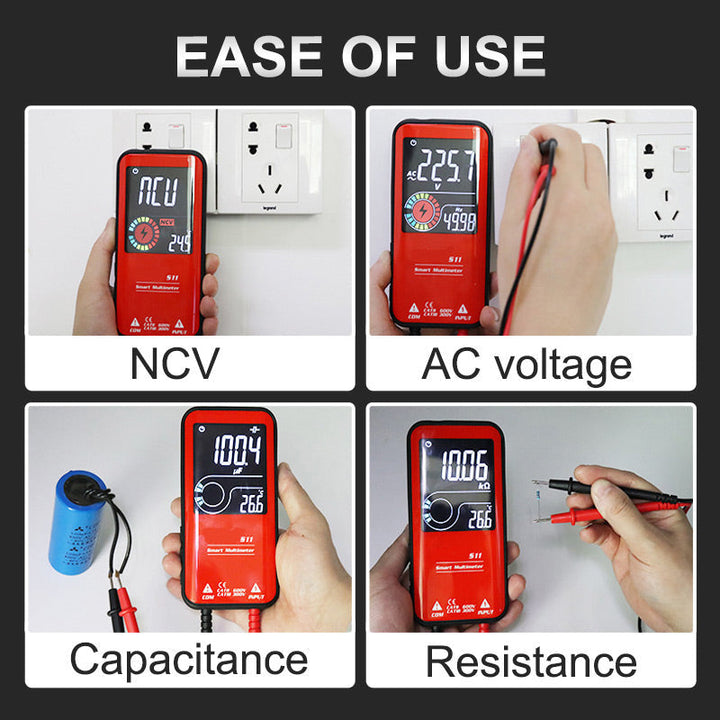 Profesjonelt digitalt multimeter på arbeidsbenk, omringet av elektronikk, klart for detaljert testing.