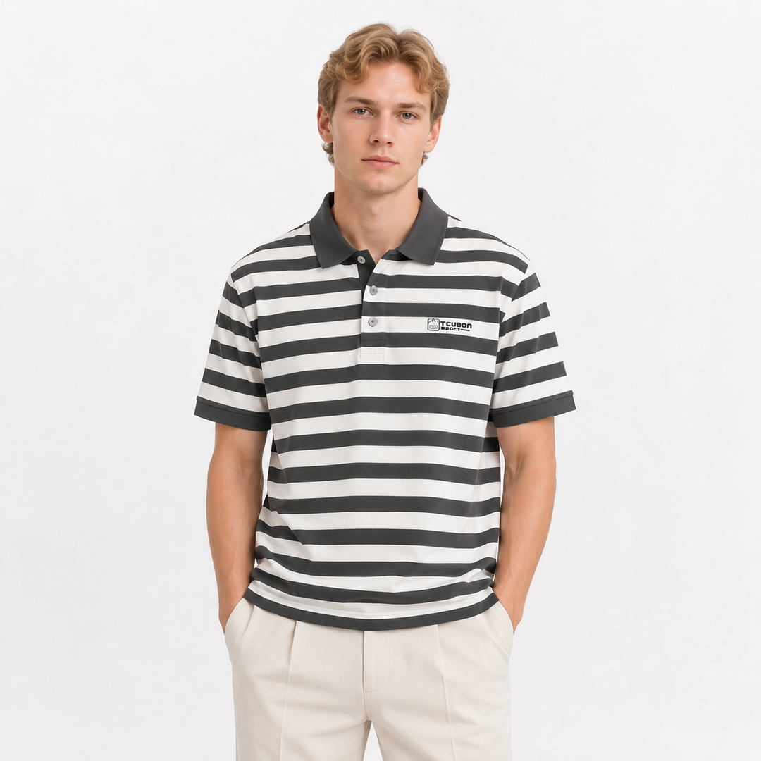 Komfortabel herre pikéskjorte, kortermet og stripet design. Perfekt fritidsskjorte for sommer og casual bruk.