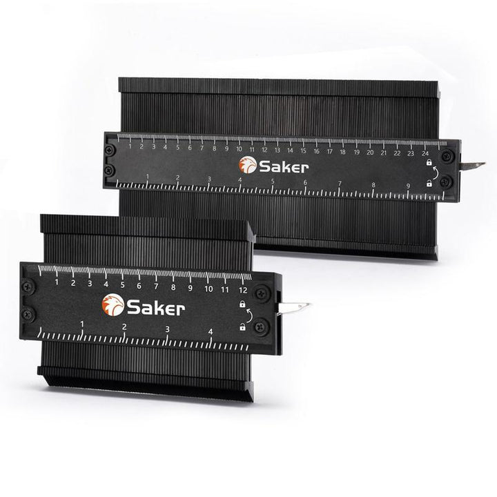 Konturmåler med låsemekanisme for å sikre formen og integrert målebånd for enkel avlesning. (90 tegn)