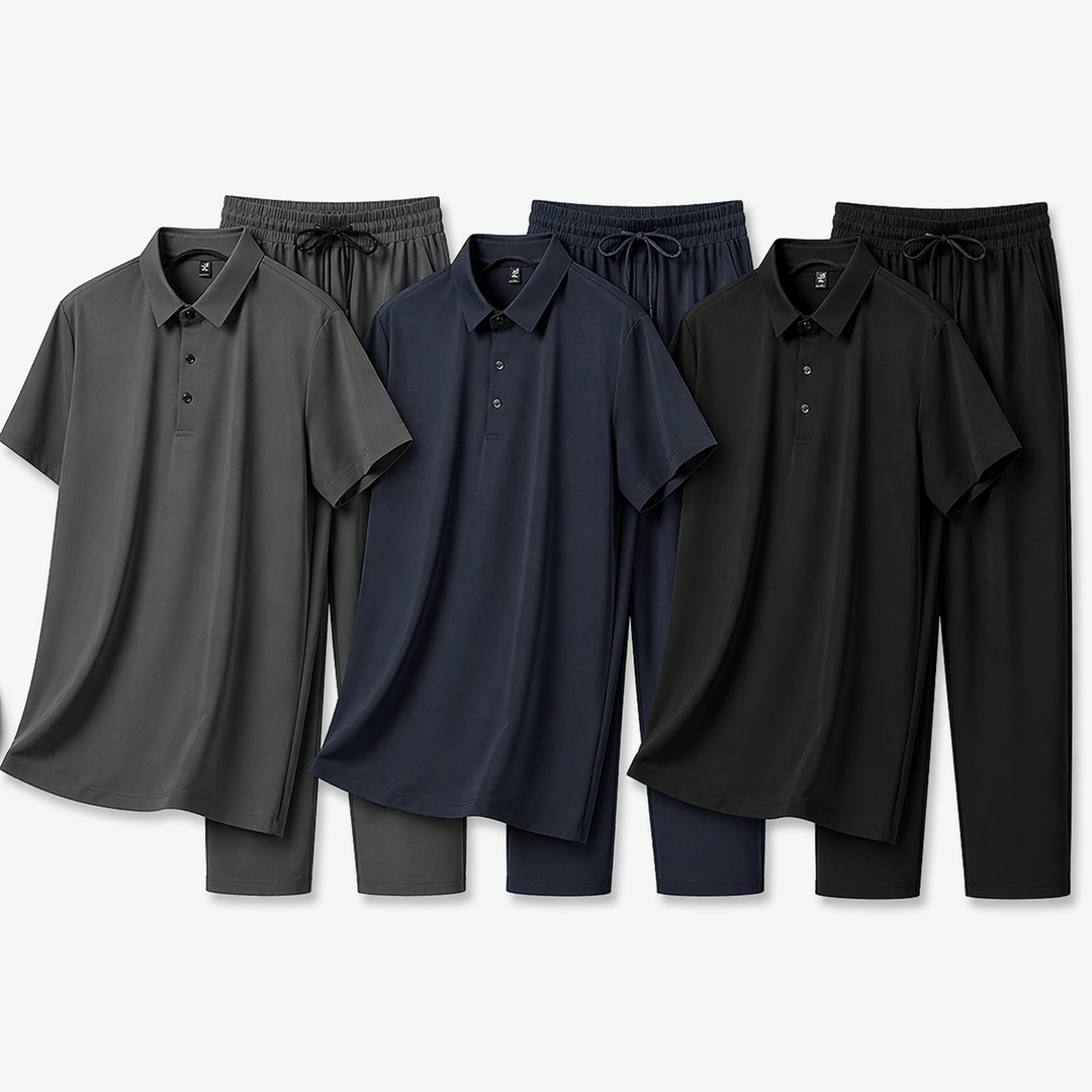 Sporty herre polo i pustende stoff, perfekt for varme sommerdager. Del av et casual todelt sett.