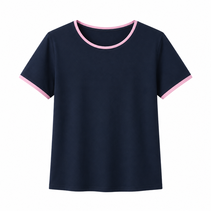 Casual dame sommertopp, minimalistisk t-skjorte med subtile kontrastdetaljer, perfekt for kontorstil.