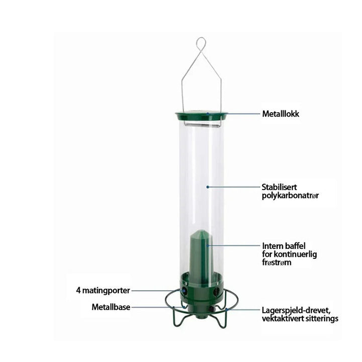 Detaljert bilde av en robust, grønn ekornsikker fuglemater. Spinnfunksjonen holder ekornene unna fuglene.
