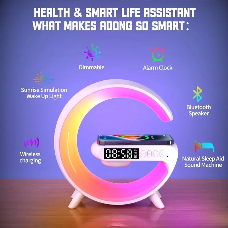 Alt-i-ett smartlampe: LED-belysning, kraftig Bluetooth-høyttaler og trådløs ladeplate i moderne design.