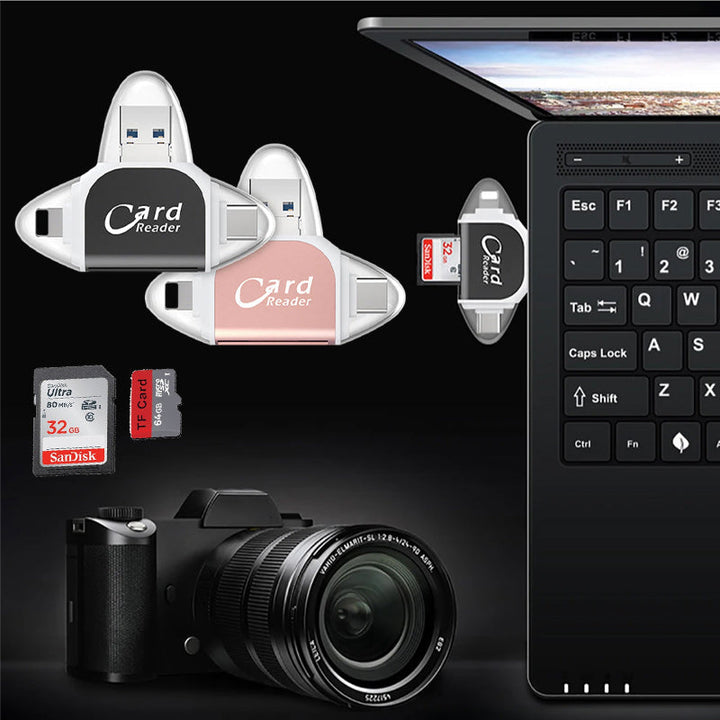 Universell 4-i-1 multi-port kortleser for SD- og Micro SD-kort med USB-C, Lightning, Micro USB.