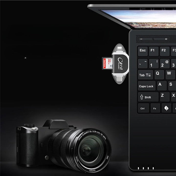 Kompakt kortleser koblet til iPhone via Lightning, for enkel dataoverføring fra SD/Micro SD.