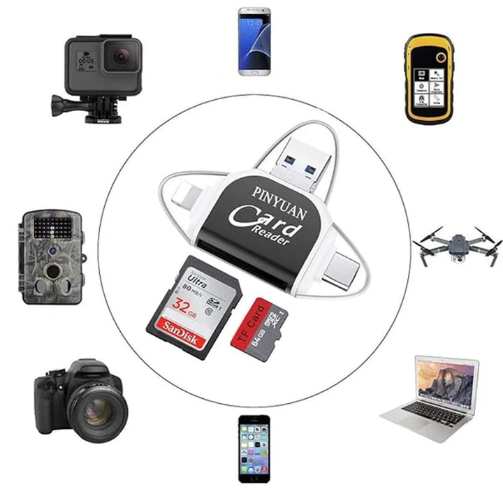 Svært kompatibel 4-i-1 kortleser for SD/Micro SD, fungerer med de fleste smarttelefoner og datamaskiner.