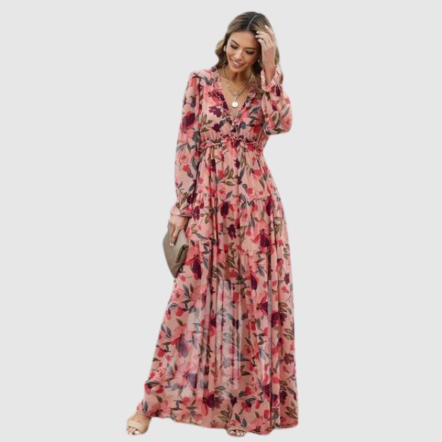 Rød elegant blomstret maxikjole i chiffon for kvinner, perfekt til sommerfest.