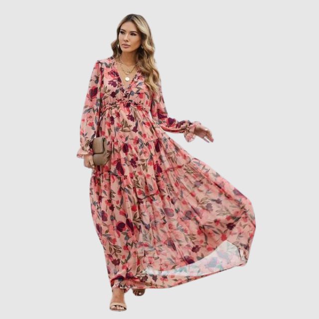 Svart blomstret maxikjole for kvinner. Elegant langkjole i chiffon, ideell som sommerfestkjole.