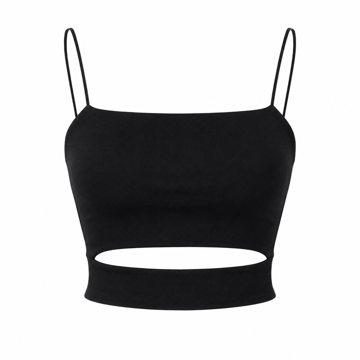 Trendy svart ermeløs crop topp med stilige cut-out detaljer, ideell for hverdagsbruk eller som festtopp.