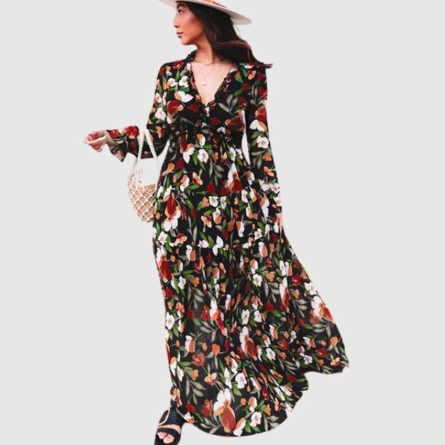 Flytende, elegant rød blomstret maxikjole i chiffon. Perfekt sommerkjole/festkjole for kvinner.