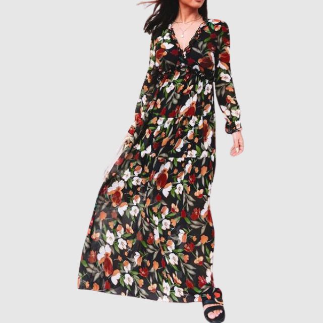 Blomstret maxikjole i lett chiffon. Elegant langkjole for kvinner, ideell til sommerfester.