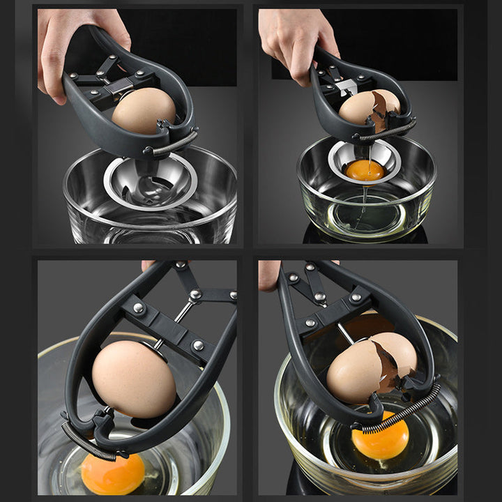 Bilde av den multifunksjonelle eggeåpneren i rustfritt stål, klar til bruk på kjøkkenet.