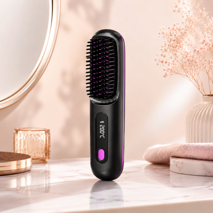 Ergonomisk designet HeatBrush trådløs varmbørste for komfortabel hårpleie og styling.