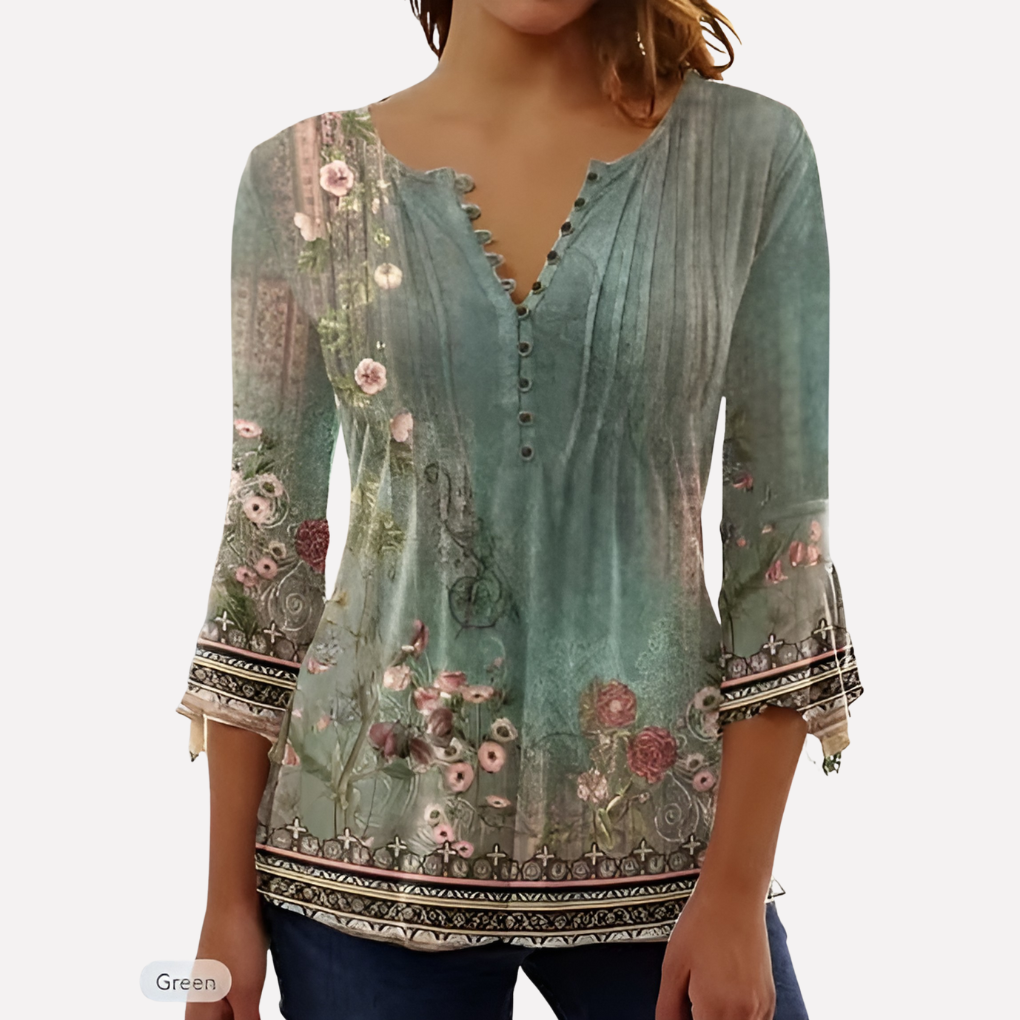 Flatt bilde av elegant kvinnetopp, frontvisning. Allsidig damebluse for kontor og fest.