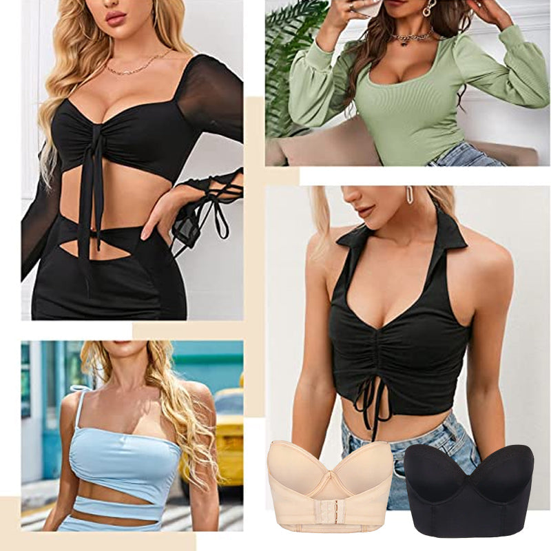 Hudfarget stroppeløs push up BH med ekstra lav rygg, perfekt shapewear for sømløs og usynlig passform.