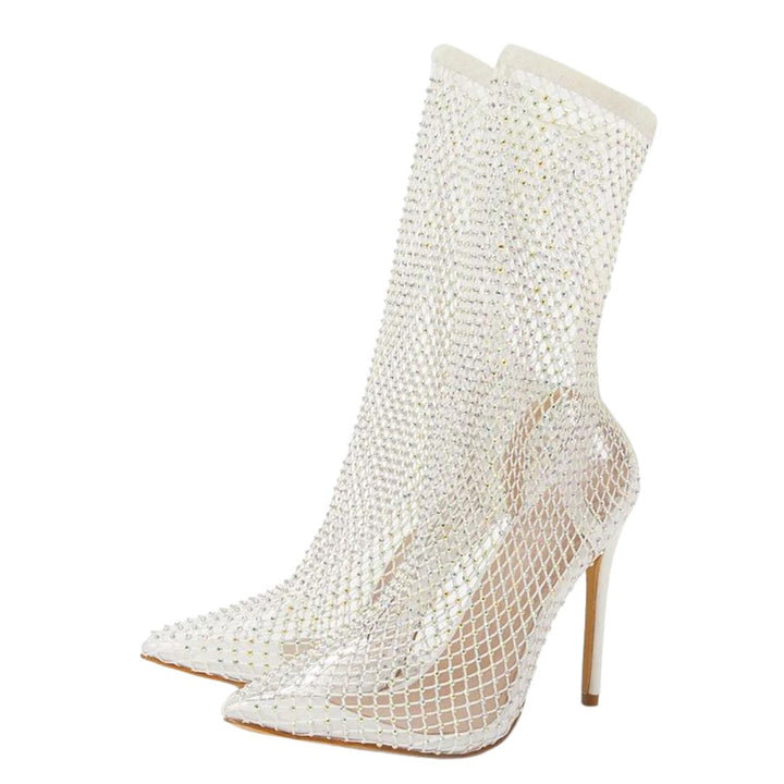 Elegante dame ankelstøvler i nettingstoff, utsmykket med gnistrende rhinestones, perfekt som festsko.