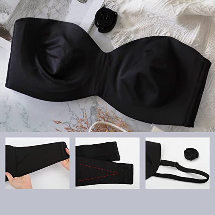Svart stroppeløs bandeau BH for dame, full støtte og sklisikker. Komfortabelt undertøy i nylon.