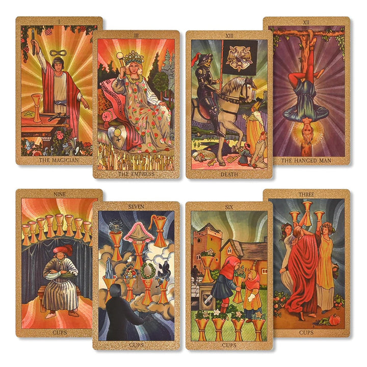 Mystiske gullforgylte tarotkort, et verktøy for innsikt, spådom og selvutforskning.