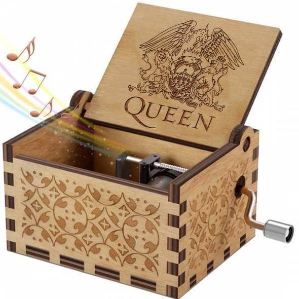 Håndlaget Queen musikkboks i tre med Bohemian Rhapsody-melodi. Vintage dekorasjon for musikkelskere.