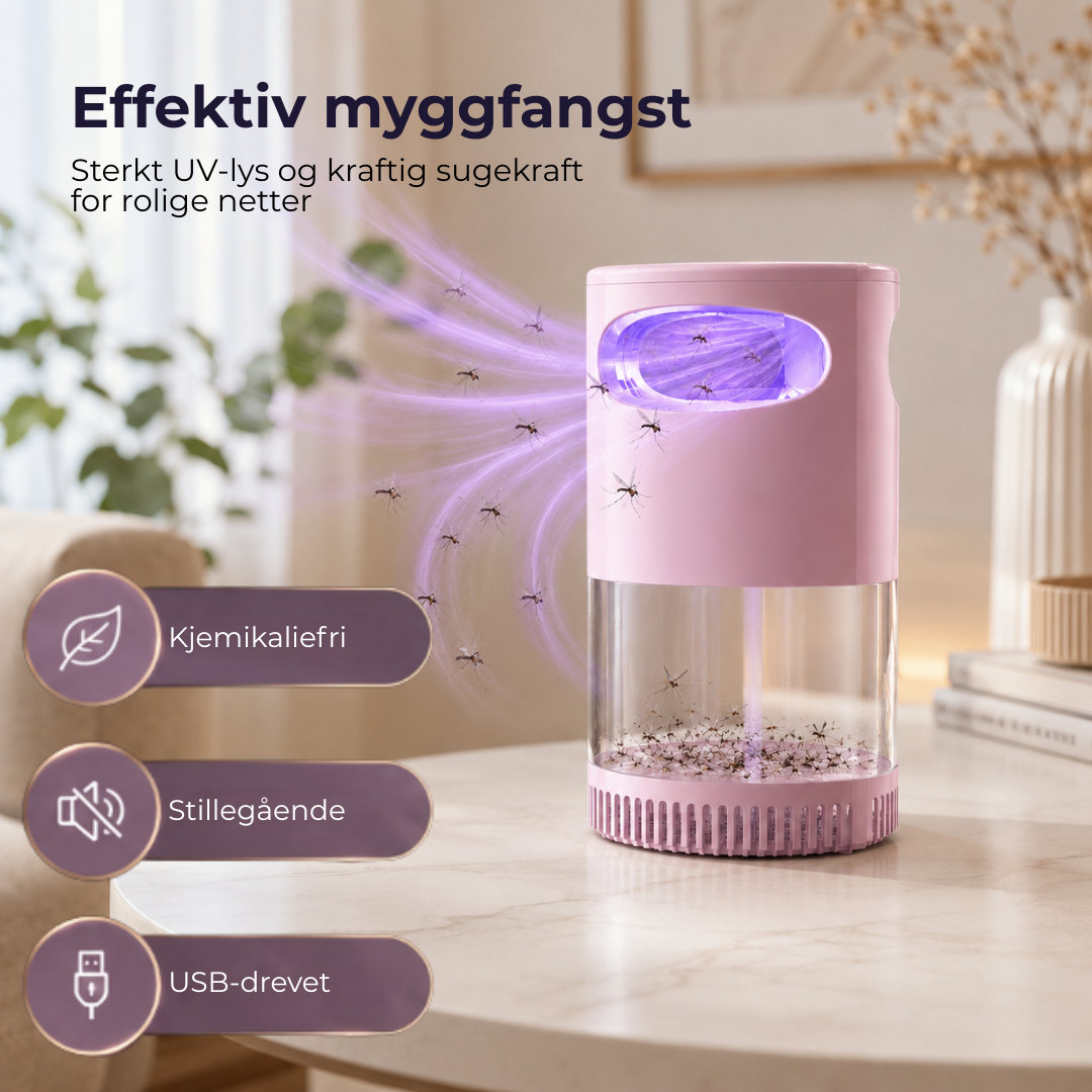 Elegant BuzzAway myggfelle i stuen. Stille og kjemikaliefri insektsfelle som holder hjemmet myggfritt.