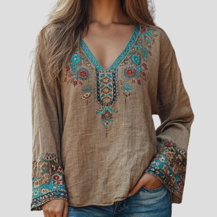 Klassisk brodert bluse for kvinner, en allsidig topp for vår, sommer og høst. Elegant langermet damebluse.
