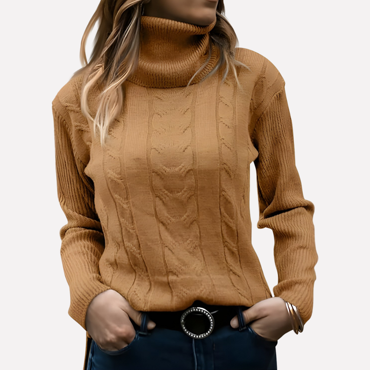Rød damegenser med høy hals, finstrikket og varm. En moteriktig turtleneck.