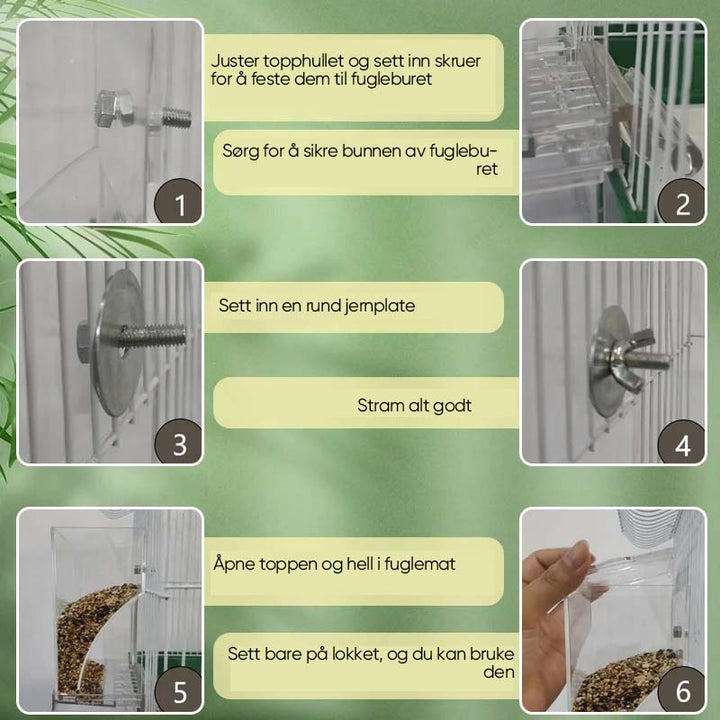 Enkel installasjon av automatisk, sølefri fuglemater med gjennomsiktig design.