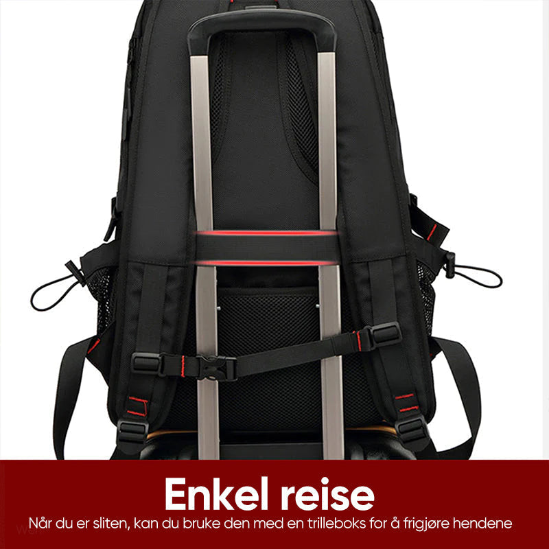 Svart unisex ryggsekk, perfekt for reise og jobb, med stor kapasitet og USB-ladefunksjon.