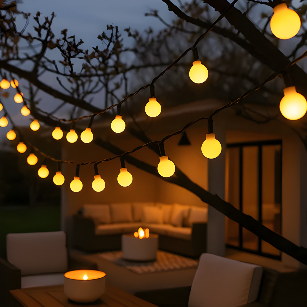 Solcelledrevne LED-snorlys i varm hvit for hage og terrasse. Værbestandig utendørs dekorasjon for koselig atmosfære.
