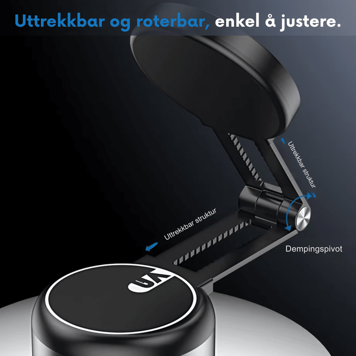 Bilde viser MagHold Pro magnetisk mobilholder med en telefon i horisontal posisjon i bil.