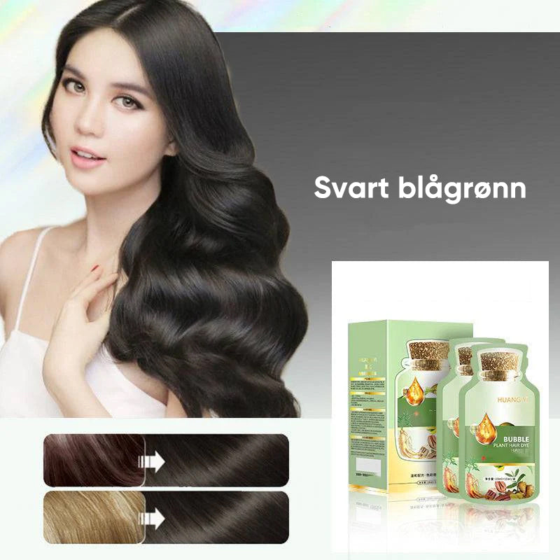 Hårstrå før og etter bruk av skånsom, naturlig plantebasert boblehårfarge.