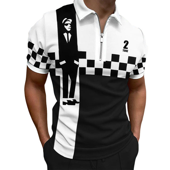 Elegant fargeblokk polo t-skjorte for menn, med praktisk glidelås og kortermet design. Perfekt for sommer.